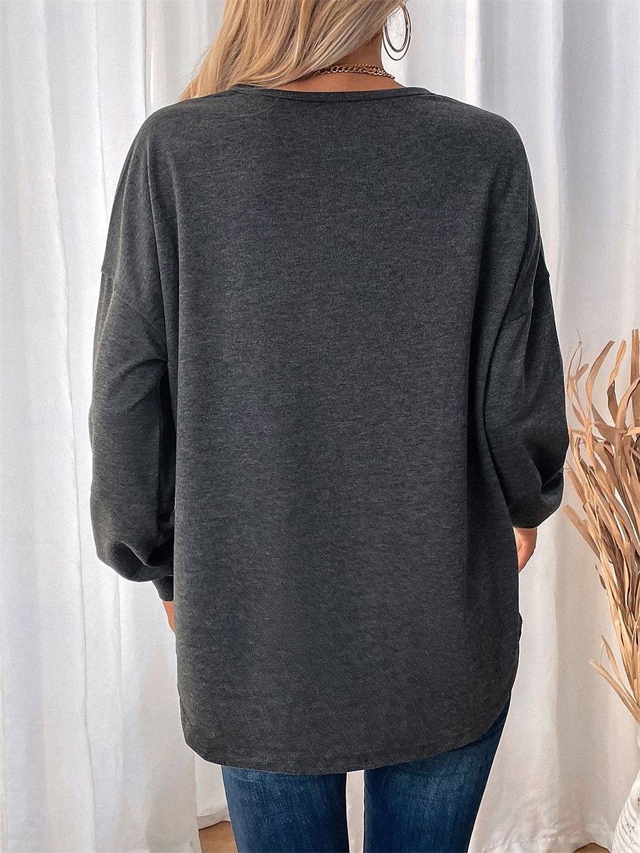 naisten collegepaita rento plain street dailywear pyöreä kaulaprintti pitkähihainen tummanharmaa syksy talvi 2025 - $36.99 –P2