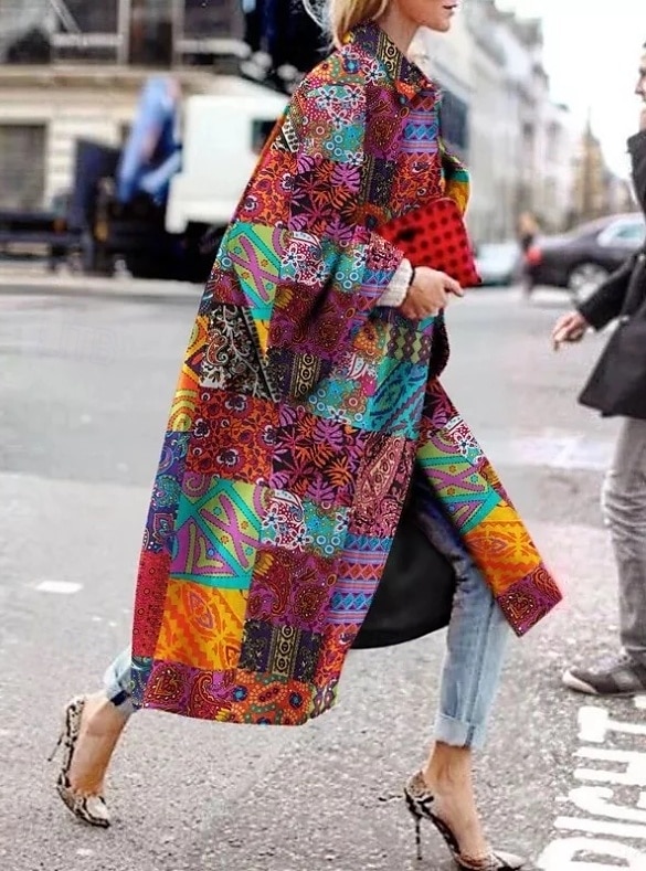 Women's Blazer Office Work Street Fall Winter Long Coat Loose Fit Thermal Warm Comtemporary Stylish Casual Jacket Long Sleeve Print Floral Print Red Blue Green 2025 - GBP £60.99 –P1