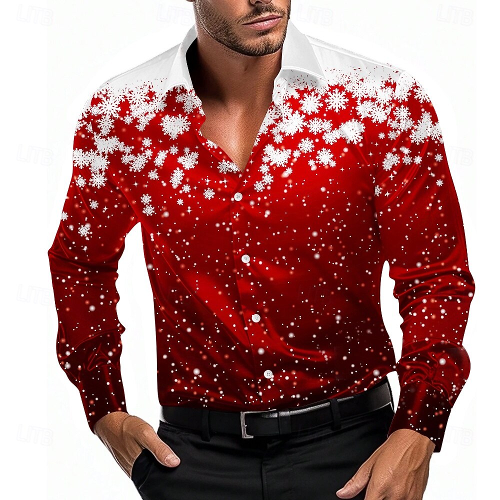 Christmas Miesten Lumihiutale Pukupaita Button Up paita Pitkähihainen Vapaa-aika Loma Juhla-iltavaatteet Arkikäyttö Kesä Kevät Syksy Kauluspaidat 3D-tulostus Valkoinen Rubiini 2025 - $28.99 –P1