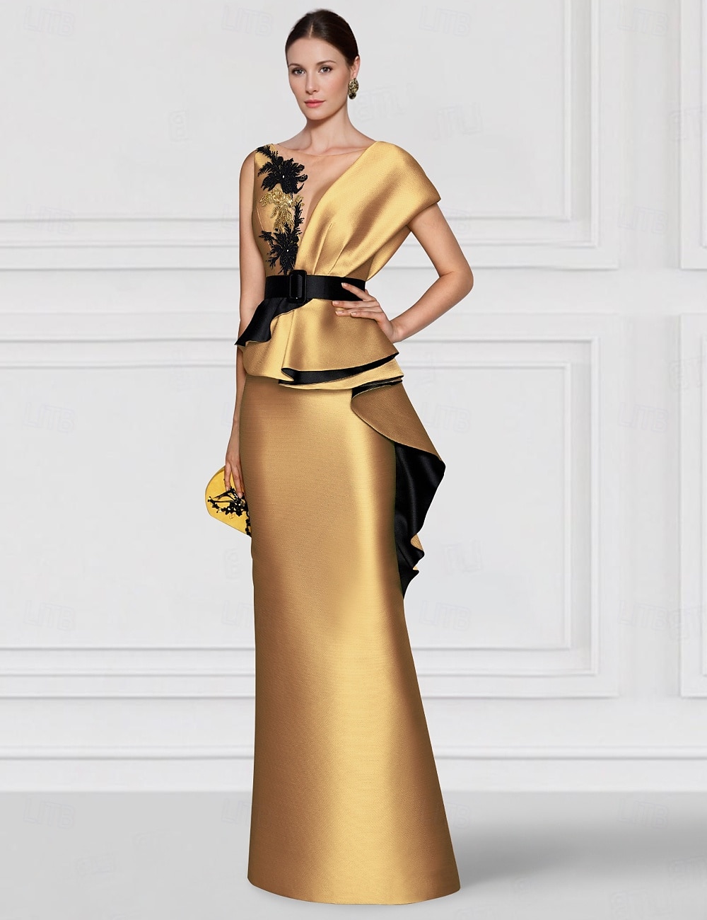 vestido de noite com bainha bordada em ouro vermelho, vestido elegante, formal, comprimento até o chão, sem mangas, decote em v, cetim com apliques 2025 de 2025 por $169.99 –P4