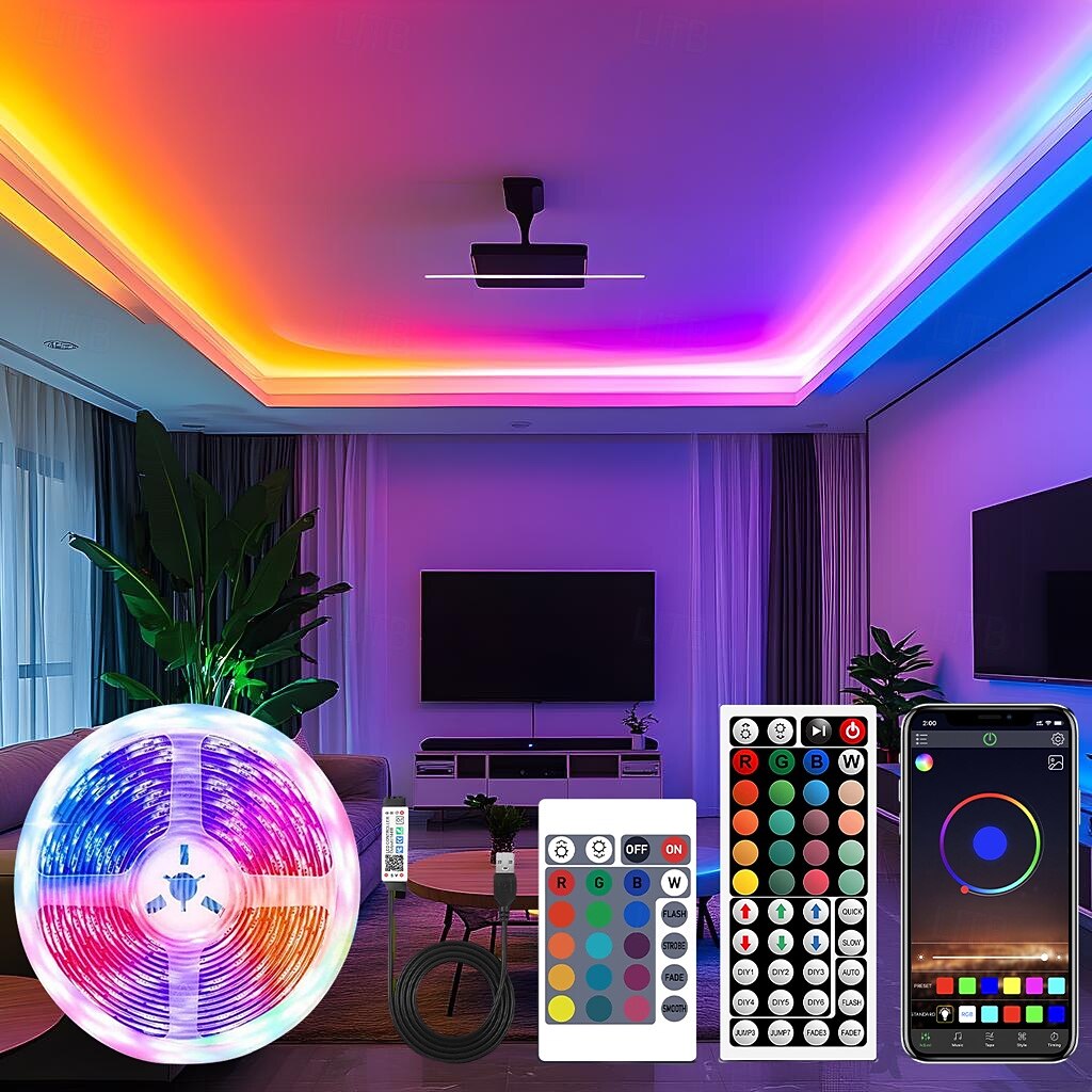 Bande lumineuse LED étanche avec télécommande, bandes lumineuses USB RVB multicolores, synchronisation de la musique Bluetooth, changement de couleur pour le rétroéclairage du téléviseur, la chambre, la cuisine, la fête et la décoration extérieure de 2025 ? $12.99 -P7
