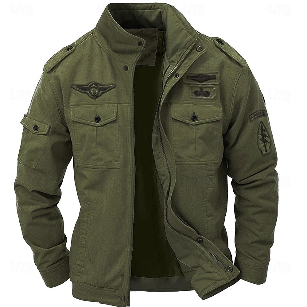 giacca militare da uomo in cotone ricamata giacca cargo con spalline manica lunga collo alto multitasche cappotto giacca da camionista capospalla tattico del 2025 a $53.99 –P1