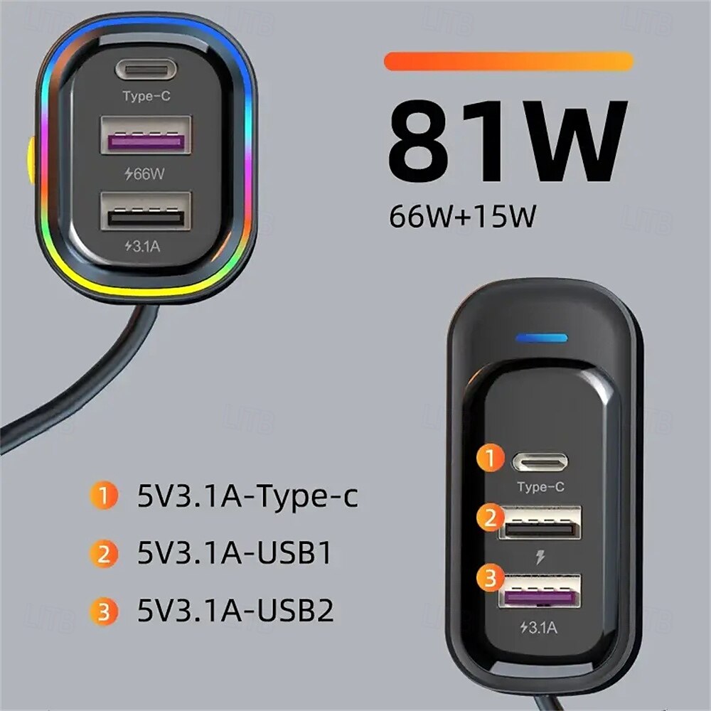 81W Car Charger Adapter 6 in 1 Back Row with Clips Fast Charging Type C Slot Universal 81W Super Fast Car Charging 2025 - $28.99 –P5