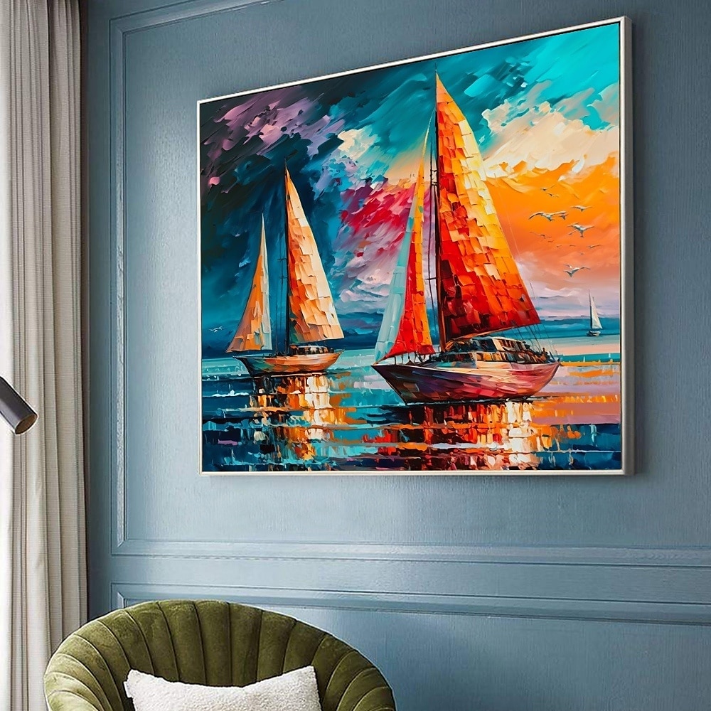 Segelboot-Ölgemälde, handgefertigt, abstraktes Segelboot-Kunstgemälde auf Leinwand, handgefertigtes nautisches Ölgemälde, große Segelschiff-Gemälde, Wandkunst, modernes Seestück-Gemälde für 2025 - $116.99 –P4