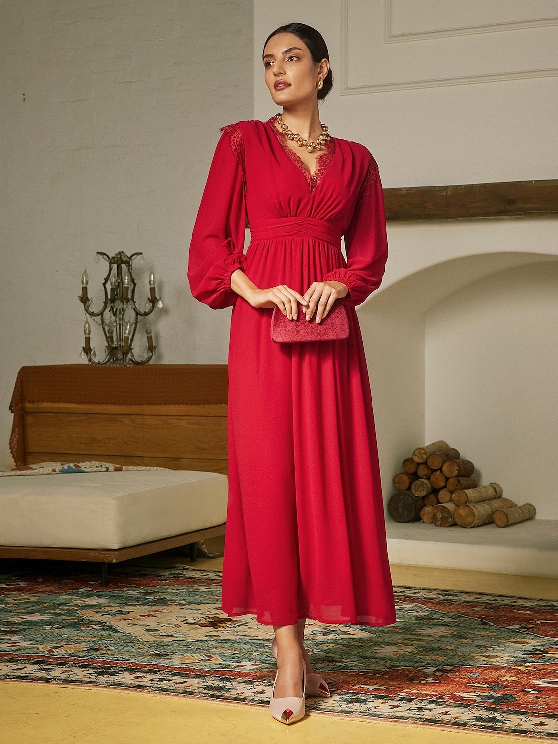 abito lungo da festa in chiffon rosso e pizzo con scollo a V del 2025 a $178.99 –P4