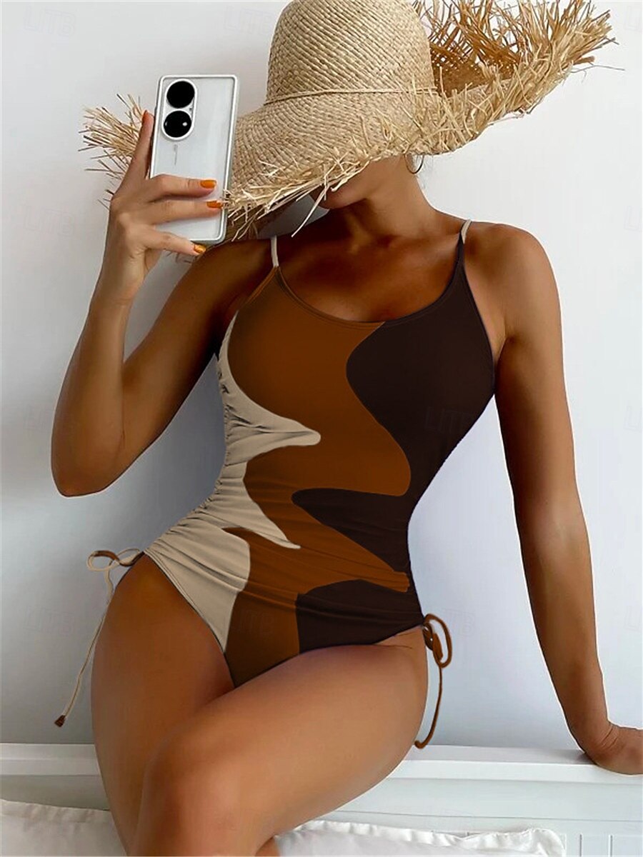 Dam Badkläder En bit Monokini Baddräkt Öppen rygg Magkontroll Hög midja Smal Semester Standkläder Färgblock U-hals Ärmlös Baddräkter 2025 - $29.99 –P12