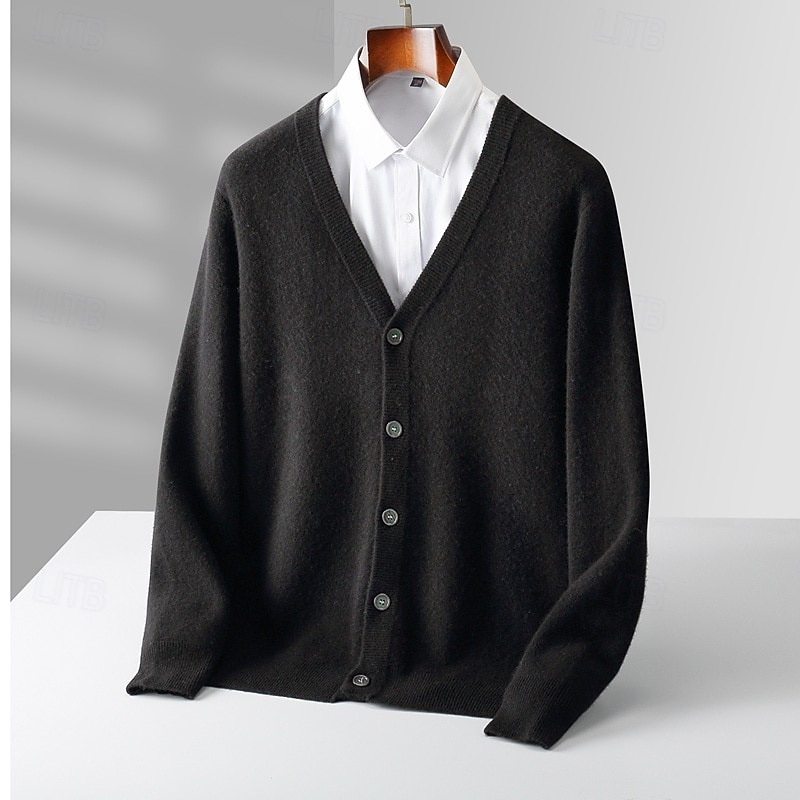 Herre Cardigan Genser Strikke Knepp opp Helfarge V-hals Strikketøy Elegant Skole Trening Klær Biskop Høst Vinter Svart Kakifarget S M L 2025 - $103.99 –P6