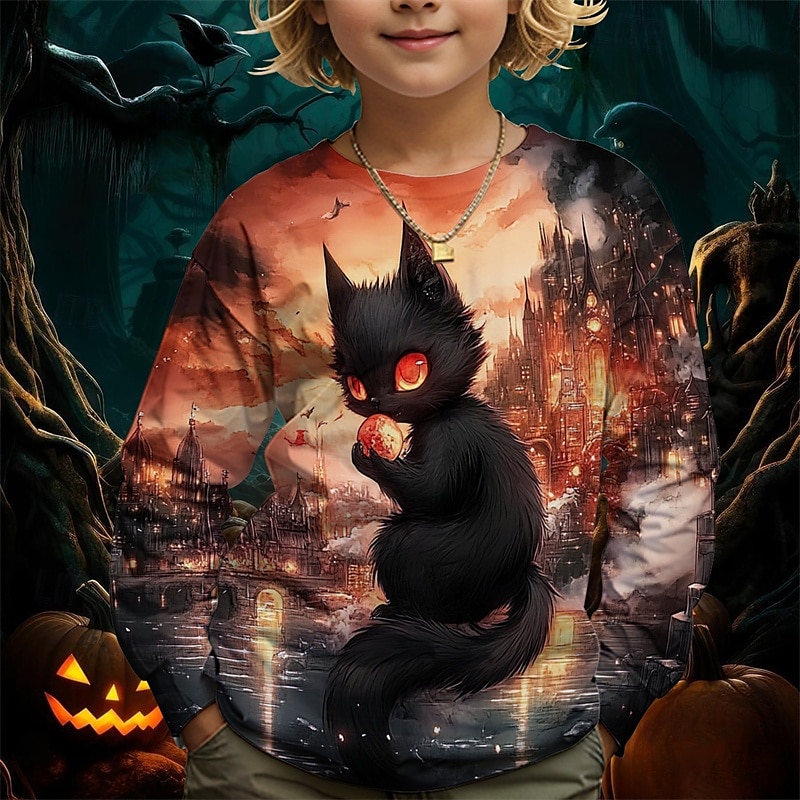 Pojkar 3D Grafisk Tecknat Katt T-shirt Långärmad Vår Höst Mode Grundläggande Barn 4-12 år Rund hals Utomhus Ledigt Dagligen Normal 2025 - $13.99 –P3