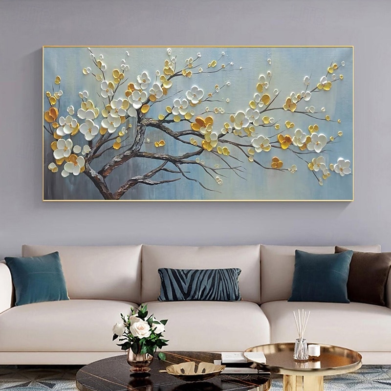 handmåla 3d blomma oljemålning på duk vit körsbärsblomma stor väggkonst palettkniv målning texturerad akrylmålning handgjord konst utan ram 2025 - $116.99 –P4