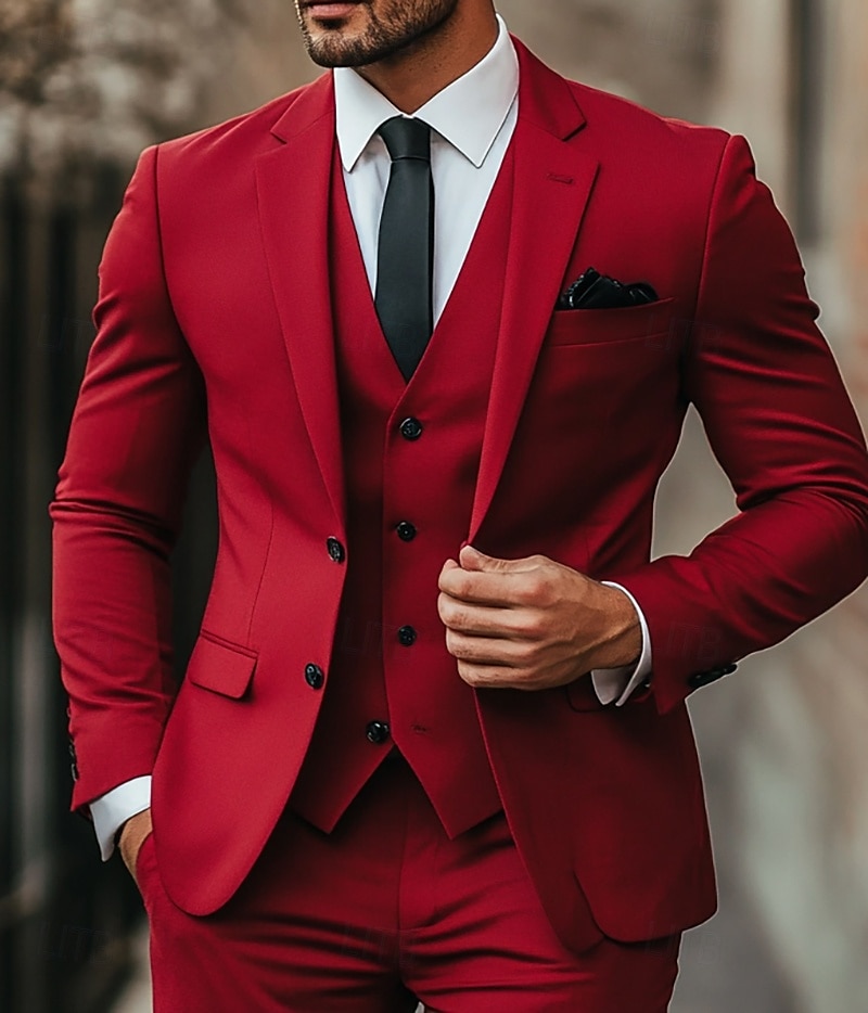 Costumele de nuntă pentru bărbați roșu modă zilnic vară colorate uniforme croi standard 3 piese cu două nasturi 2025 - $136.99 –P1