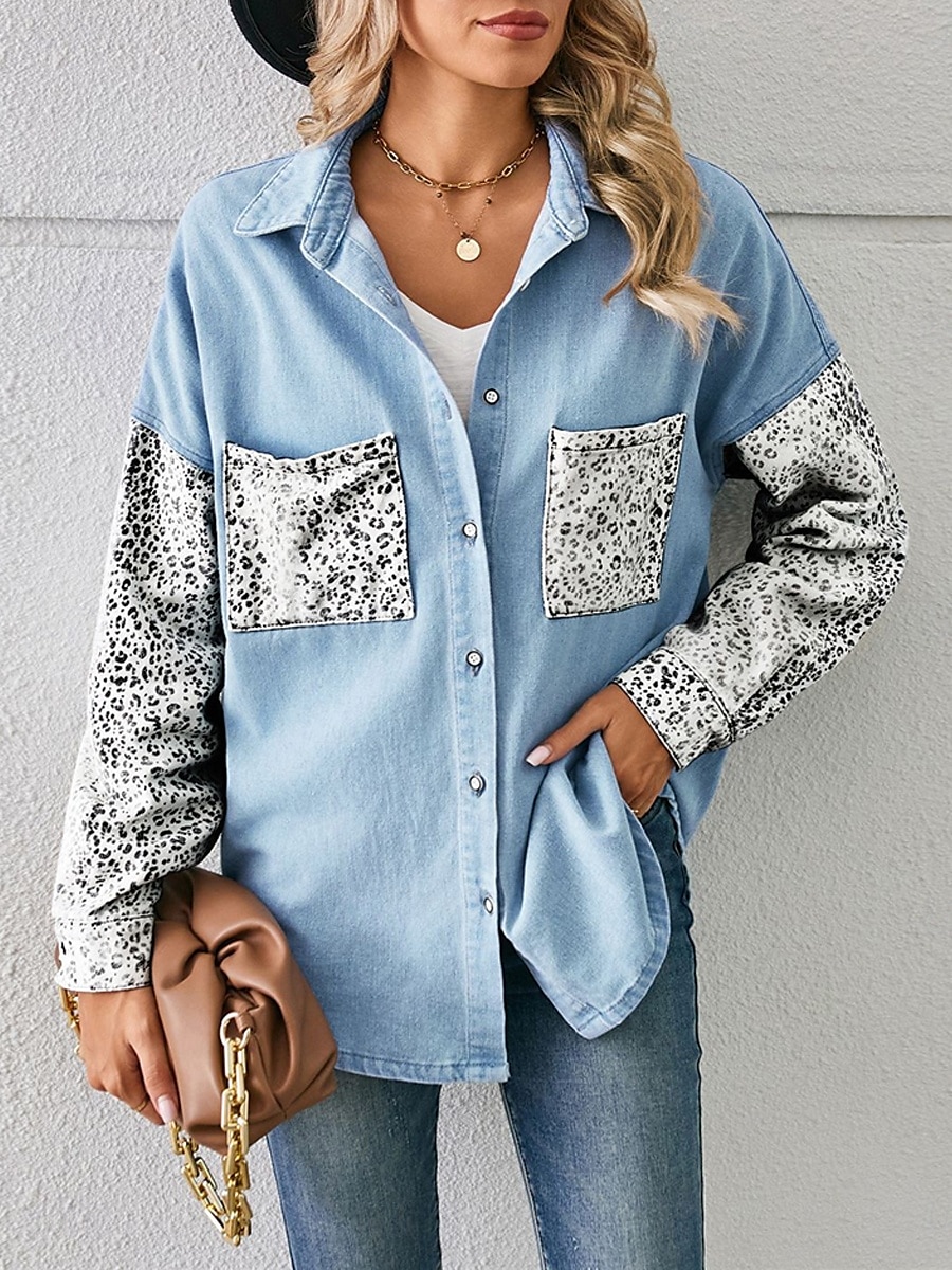 Per donna Giacca di jeans Esterno Strada Da tutti i giorni Autunno Inverno Standard Cappotto Standard Traspirante Moda Informale Giacca Manica lunga Leopardo Con tasche Stampa Nero Bianco Blu del 2025 a $36.99 –P1