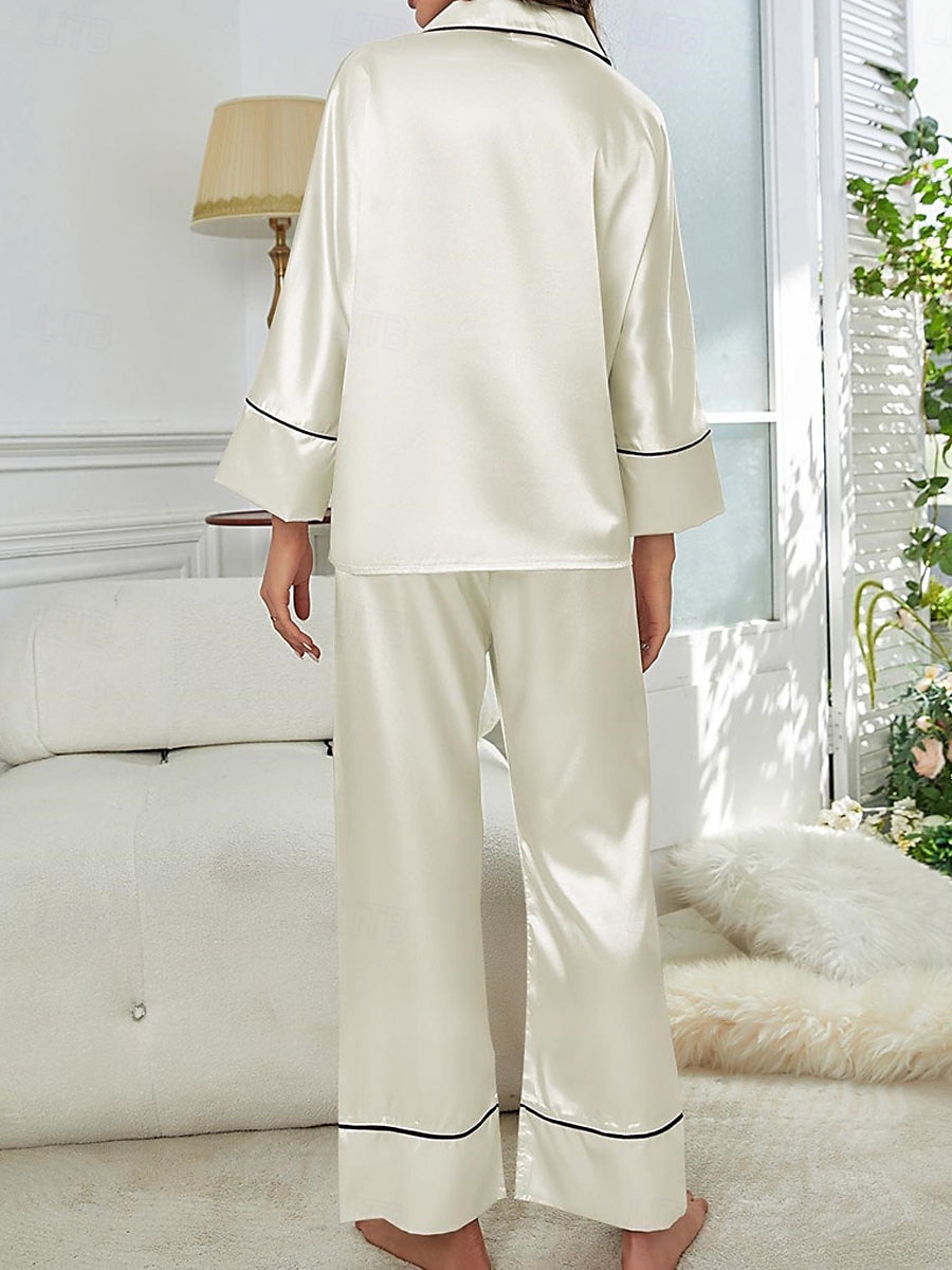 pyjamasset för kvinnor ren färg avslappnad komfort hem dagligen satin siden komfort varm lapel långärmad skjorta byxa knapp upp resår midja höst vinter hem outfits 2025 - $31.99 –P14