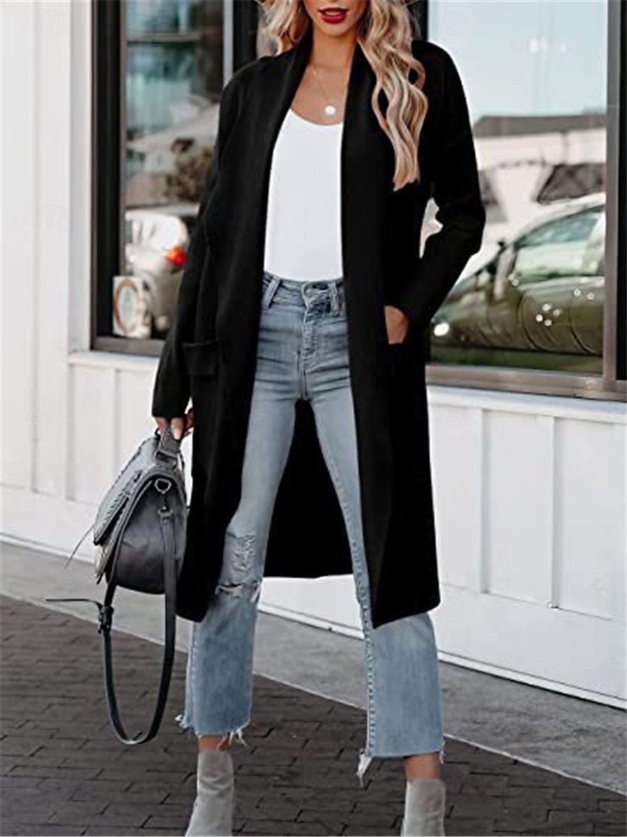 Per donna Cappotto invernale Esterno Strada Da tutti i giorni Autunno Inverno Lungo Cappotto Standard Tenere al caldo Traspirante Moda Informale Giacca Manica lunga Tinta unica Con tasche Nero Bianco del 2025 a $47.99 –P7