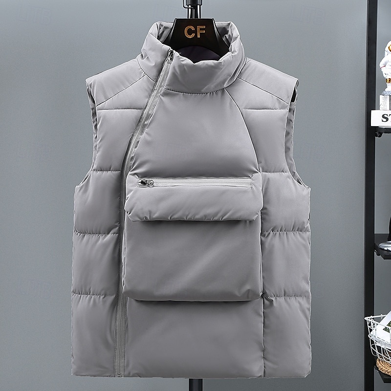 Herr Pufferväst Dagligen Ledigt Vår & Höst Ficka Polyester Bekväm Ensfärgat Pullover Normal Svart Grå Väst 2025 - $38.99 –P1