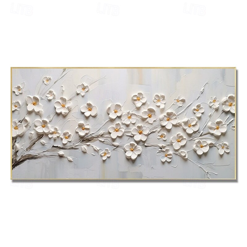 handmåla 3d blomma oljemålning på duk vit körsbärsblomma stor väggkonst palettkniv målning texturerad akrylmålning handgjord konst utan ram 2025 - $116.99 –P6