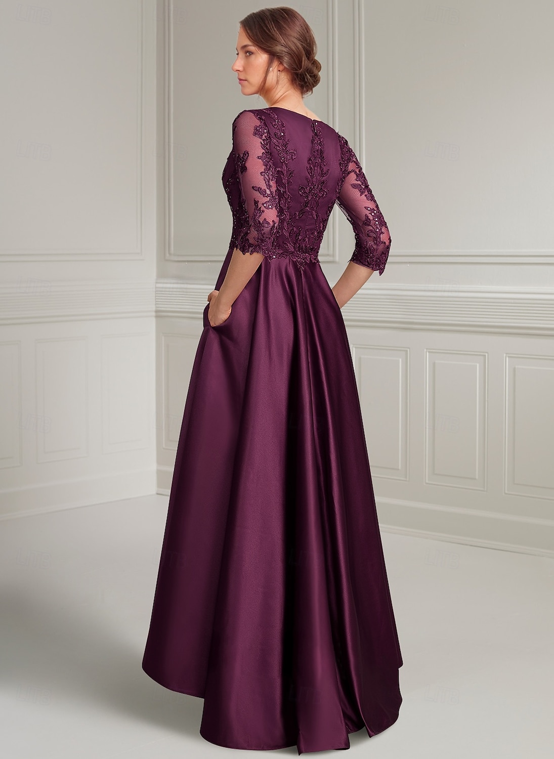 Purple A-Line Mother of the Bride Dress Elegant Vintage V Neck Asymmetrical Satin Long Sleeve with Lace Appliques Solid Color 2025 - $167.99 –P2