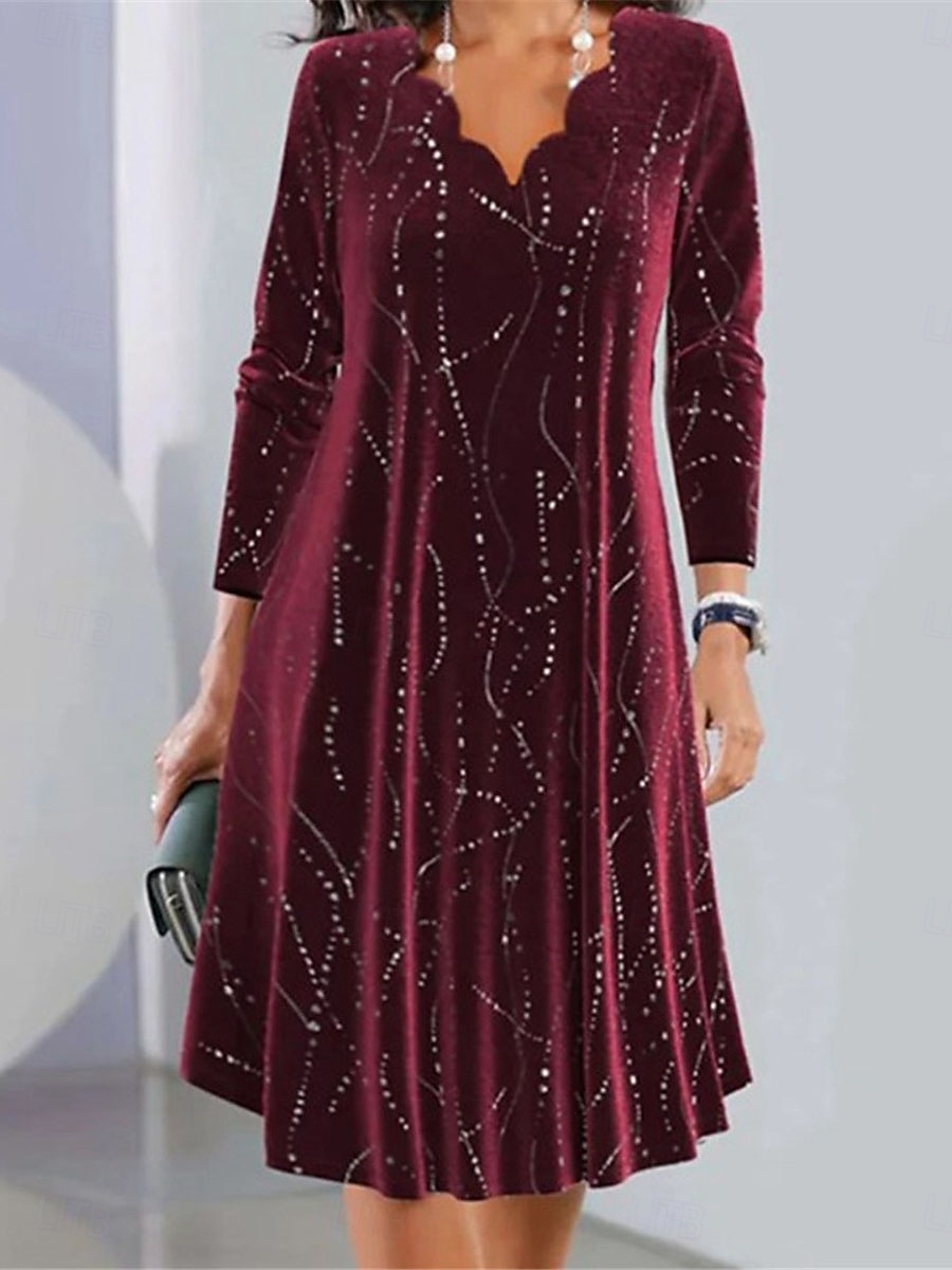 Damen Paillettenkleid Midikleid Pailletten Brautkleider schlicht Gezackter Hals Langarm Wein Farbe 2025 - $43.99 –P1
