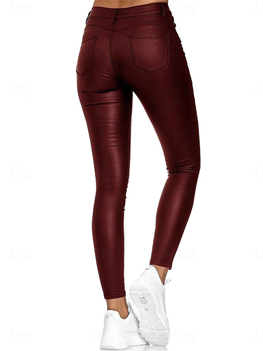 Damen Schlank Lederhosen Strumpfhosen Modisch Strassenmode In voller Länge Hoher Taillenbund Glatt Tasche Hoher Schnitt warm Windundurchlässig Mikro-elastisch Outdoor Strasse Wein Schwarz Blau 2025 - $27.99 –P5