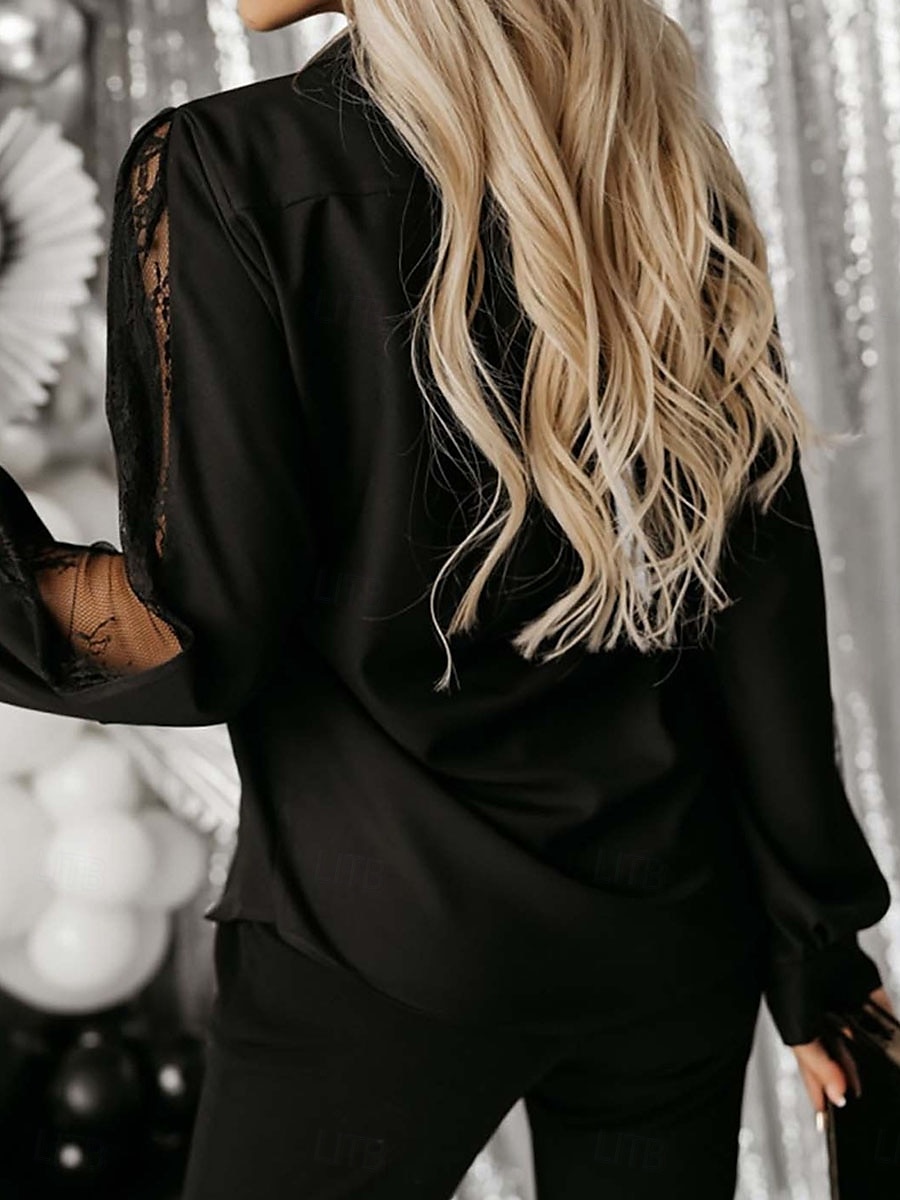 Damen Hemd Bluse Feste Farbe Basic Brautkleider schlicht Langarm Hemdkragen Normale Oberteile Täglich Spitze Gitter Patchwork Schwarz Weiß Grün Herbst Winter 2025 - $32.99 –P7