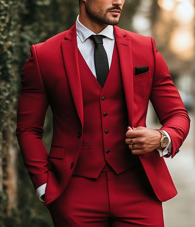 Costumele de nuntă pentru bărbați roșu modă zilnic vară colorate uniforme croi standard 3 piese cu două nasturi 2025 - $136.99 –P3