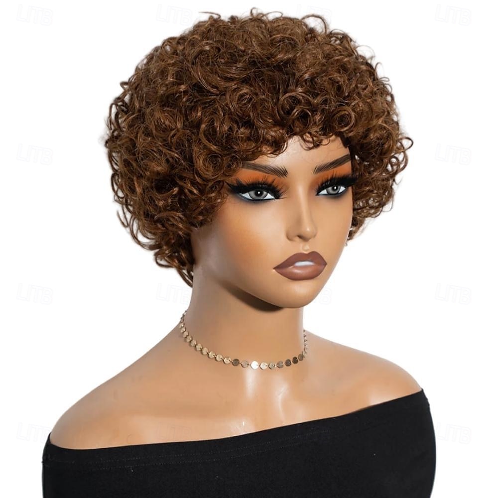 parrucche brasiliane corte pixie afro ricce e crespe per donne parrucca bob castana senza colla con frangia parrucca di capelli umani da 6 pollici del 2025 a $57.99 –P5
