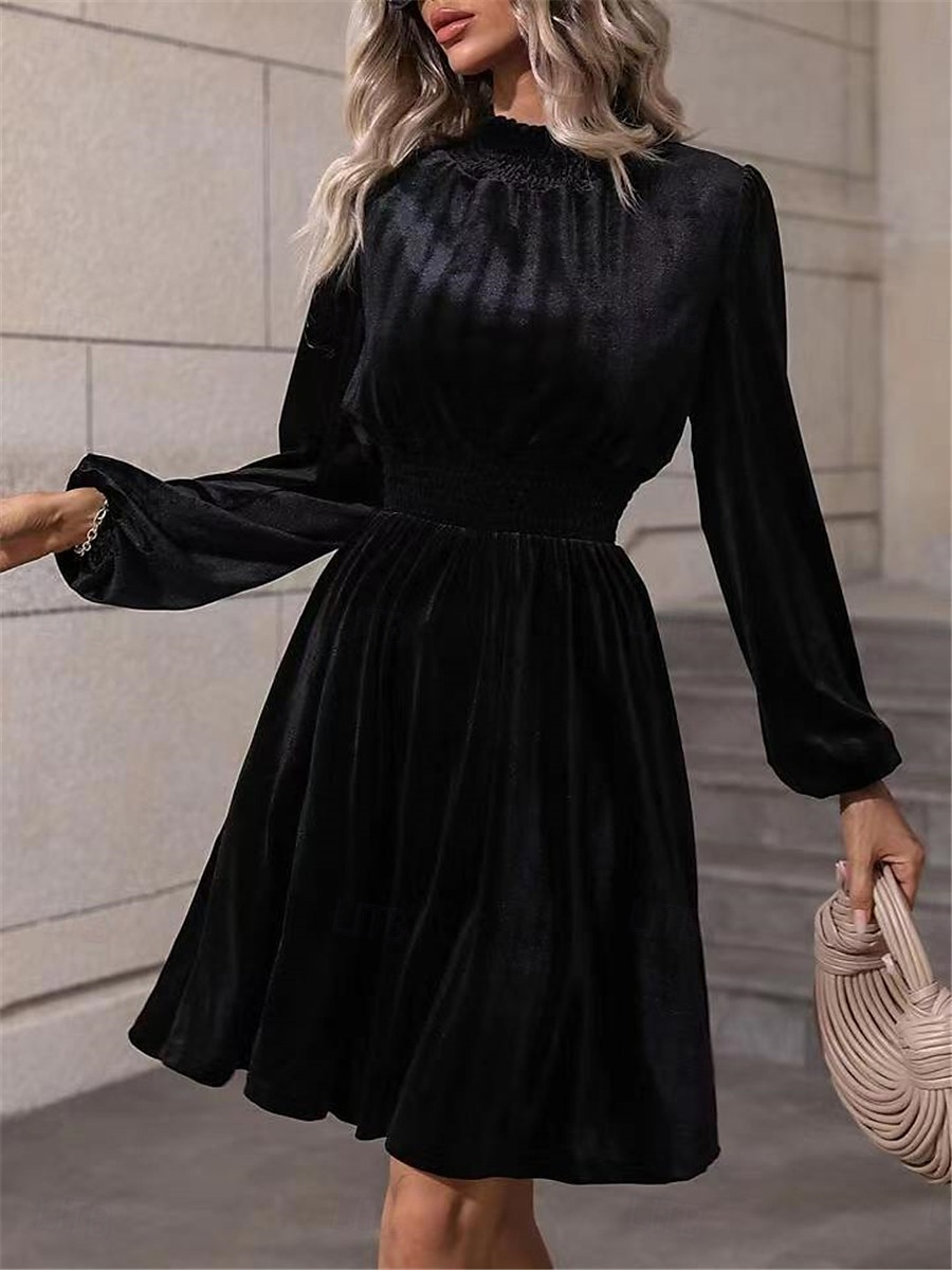 Women's Velvet Dress High Neck Long Sleeve Cinched Waistline Elegant Green Knee-Length Festive Party Wear Winter Clothing Apparel 2025 - $42.99 –P6