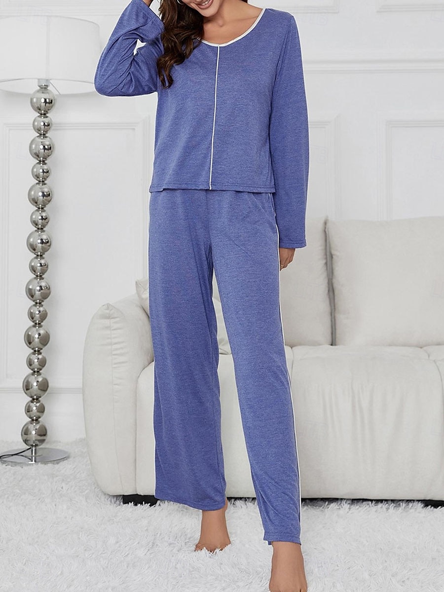 pyjamasset för kvinnor ren färg avslappnad komfort hem daglig komfort varm v-ringad långärmad t-shirt t-shirt byxa elastisk midja höst vinter hemkläder 2025 - $34.99 –P6