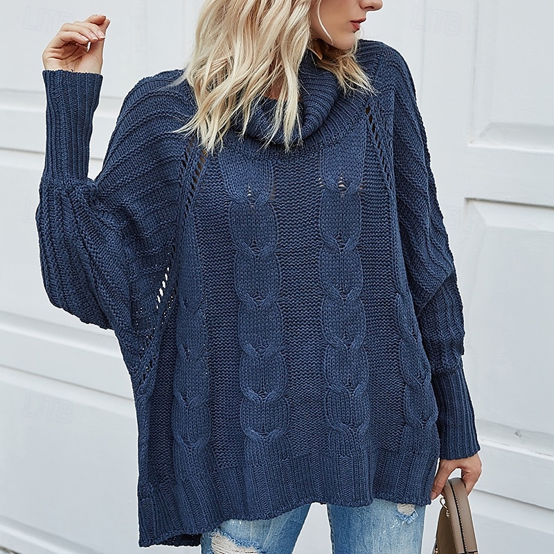 Dam Tröja Pullover tröja Ledigt Mjukt Ren färg Kabel Polokrage Stickat Långärmad Vanliga toppar Sticka Utomhus Dagligen Helgen Marinblå Beige Höst Vinter 2025 - $52.99 –P3