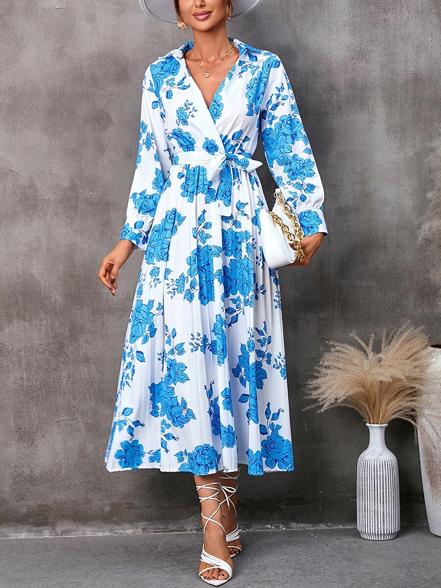 Damen Blumen V-Ausschnitt Midikleid Langarm Frühling Herbst 2025 - $41.99 –P5