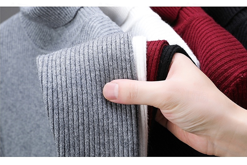 Men's Pullover Sweater Jumper Knit Sweater Ribbed Knit Regular Knitted Plain Turtleneck Fashion Casual Daily Wear Date Clothing Apparel Fall & Winter Wine Black S M L 2025 - $26.99 –P2