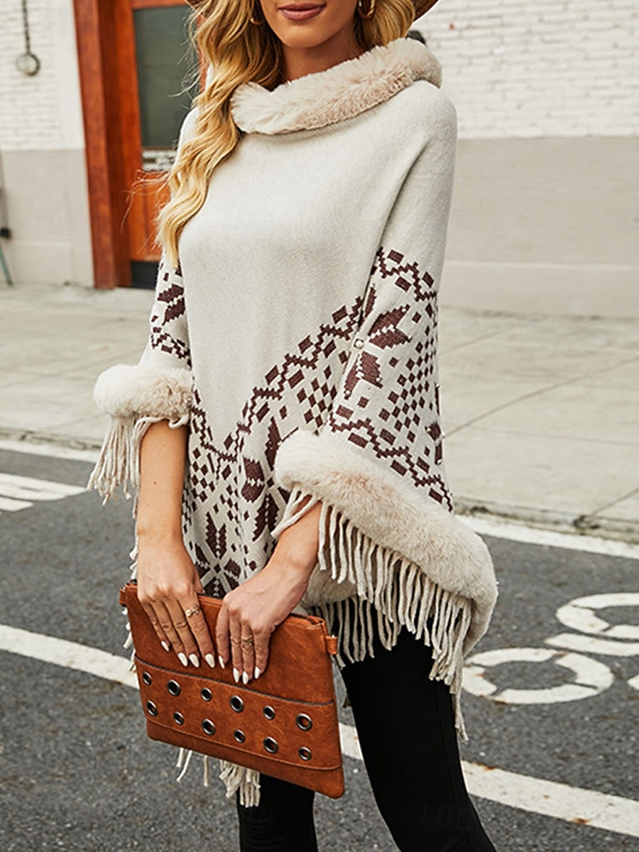 Per donna Felpa Pullover Maglione Coprispalle Informale Morbido Rombi A coste A collo alto Nappa Lavorato a maglia Bordo in pelliccia sintetica Manica a 3/4 Maglie lunghe Maglia Esterno Giornaliero del 2025 a $34.99 –P5