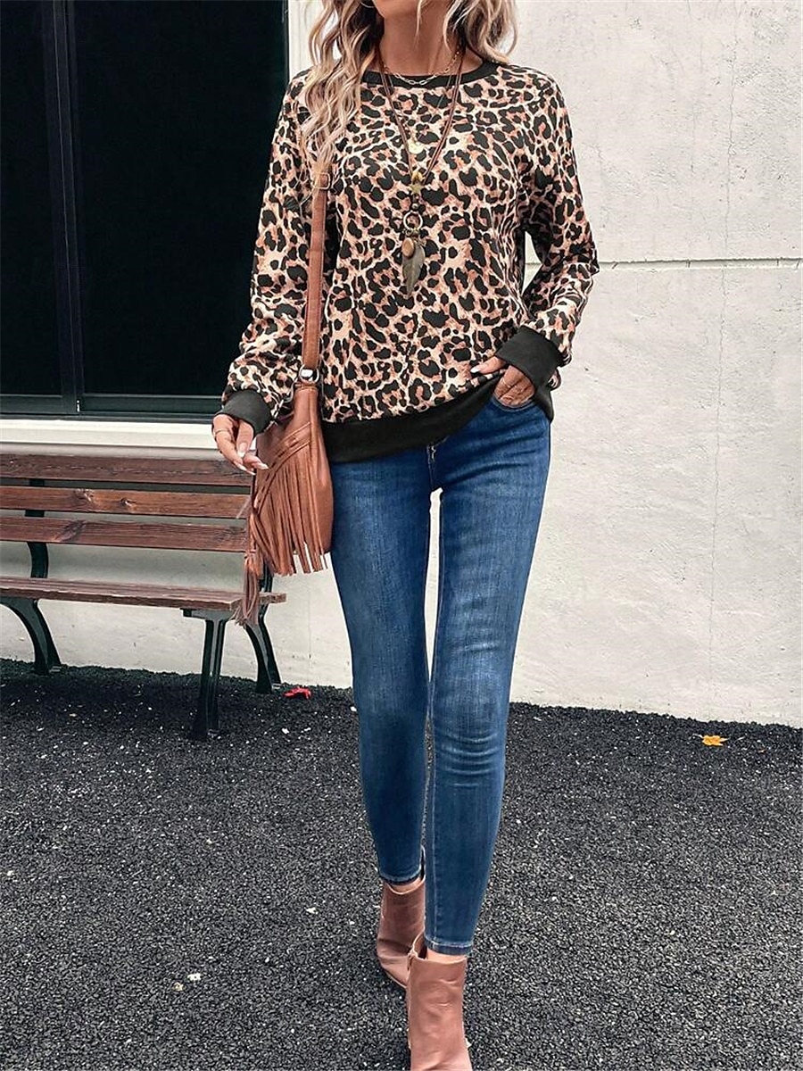 dámská mikina leopard street denní nošení potisk ležérní posádka výstřih dlouhý rukáv mikroelastický podzimní zimní komfrt prodyšná měkká tkanina 2025 - $24.99 –P3