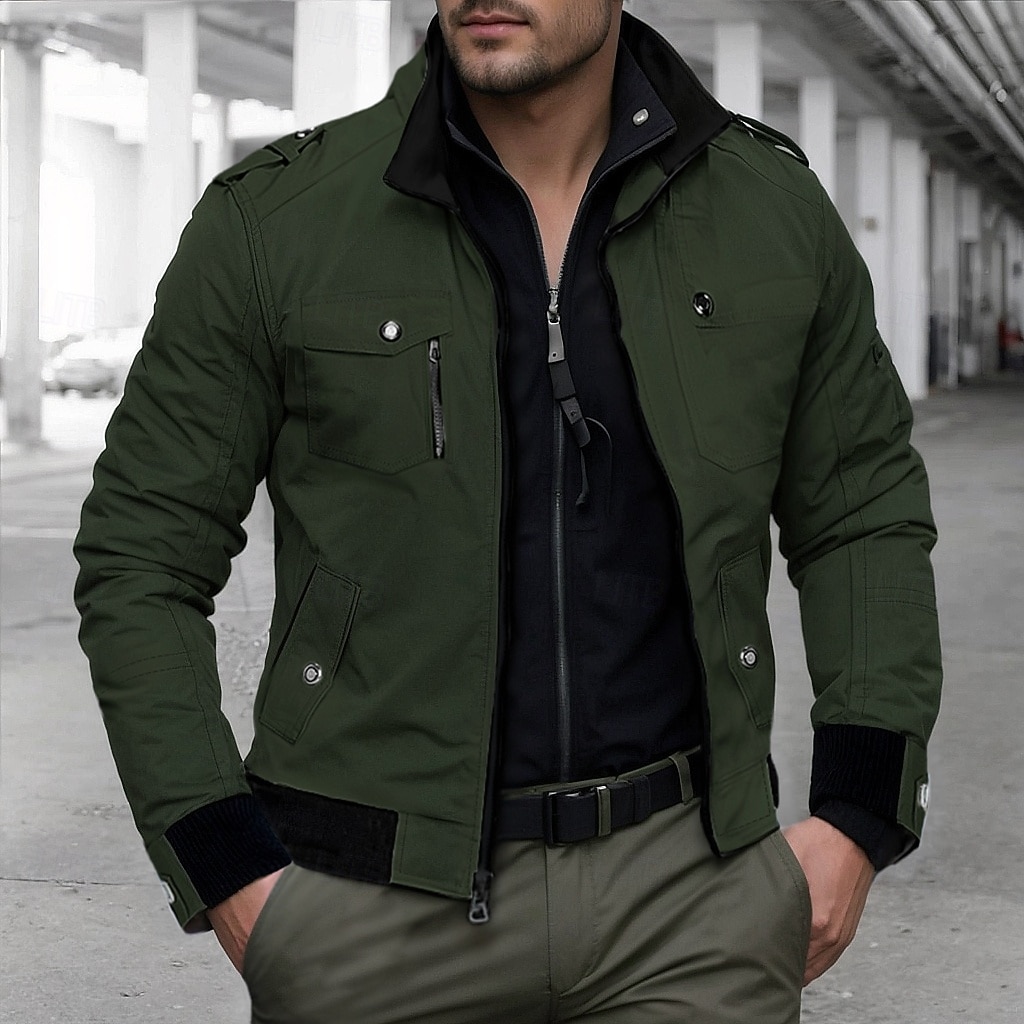 Men's Trucker Jacket Bomber Jacket Casual Jacket Work Jacket Outdoor Daily Wear Wearable Pocket Spring &  Fall Plain Fashion Streetwear Standing Collar Short Black Burgundy Navy Blue Khaki Army Green 2026 - $42.99 –P7