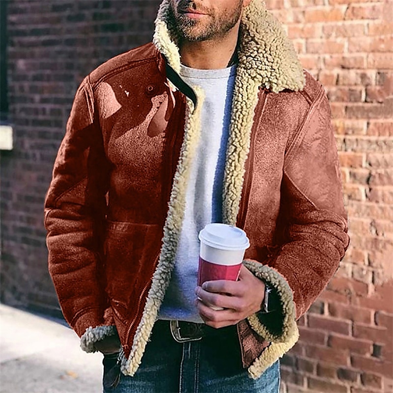 Men's Faux Leather Jacket Fleece Jacket Biker Jacket Motorcycle Jacket Daily Vacation Windproof Warm Pocket Fleece Fall & Winter Plain Fashion Classic Lapel Regular Black Red Green Khaki Jacket 2025 - $48.99 –P3