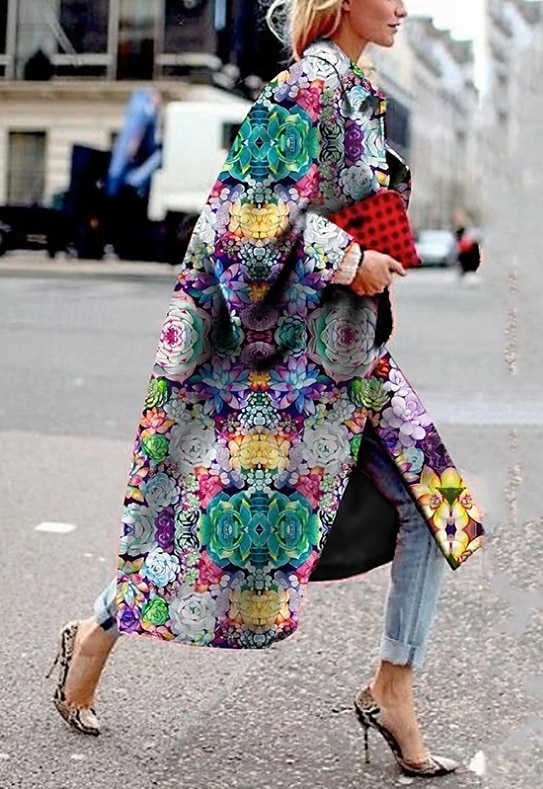 Women's Blazer Office Work Street Fall Winter Long Coat Loose Fit Thermal Warm Comtemporary Stylish Casual Jacket Long Sleeve Print Floral Print Red Blue Green 2025 - GBP £60.99 –P2