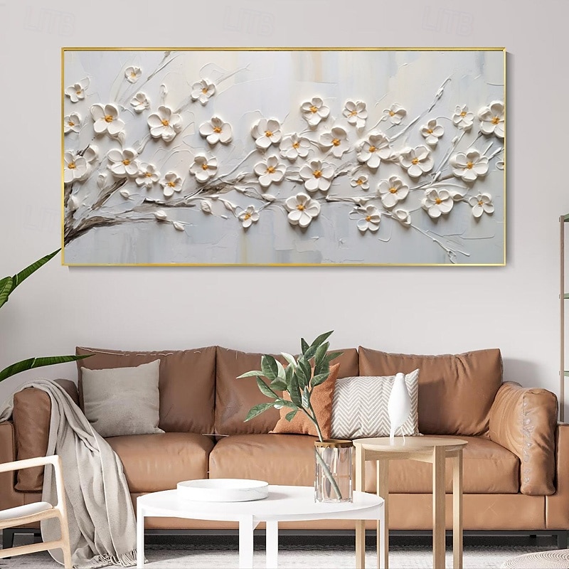 handmåla 3d blomma oljemålning på duk vit körsbärsblomma stor väggkonst palettkniv målning texturerad akrylmålning handgjord konst utan ram 2025 - $116.99 –P7