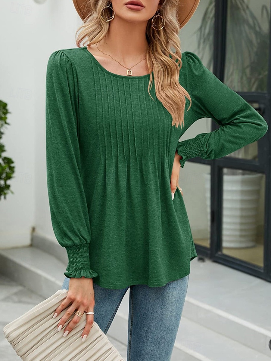 Women's Shirt Blouse Solid Color Basic Casual Long Sleeve Crew Neck Regular Tops Daily Black White Pink Green Fall Winter 2025 - $34.99 –P4