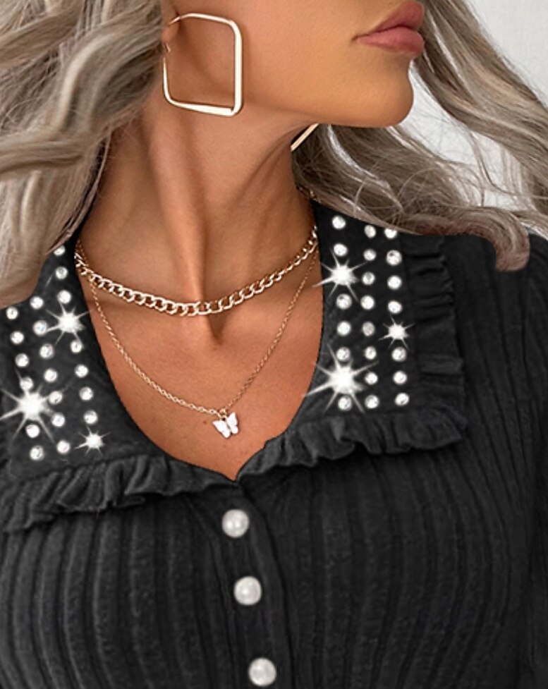 Dámské Košile Halenka Pevná barva Elegantní Na běžné nošení Dlouhý rukáv Biskup Košilový límec Běžné topy Denní Flitry Slátanina Knoflíky Černá Khaki Podzim Zima 2025 - $32.99 –P4