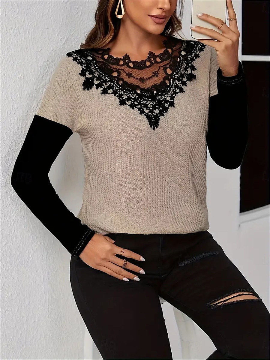 Top in pizzo elegante da donna blusa all'uncinetto moda moderna casual top semplici regolari maniche lunghe scollo rotondo vestibilità regolare abbigliamento quotidiano weekend romantico top petite del 2025 a $23.99 –P6