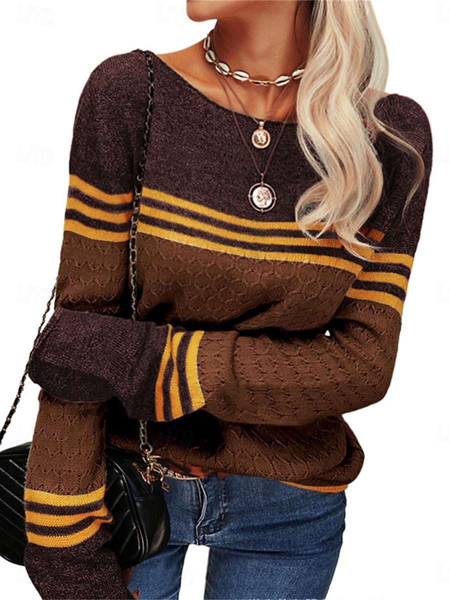 Dame Genser Pullover genser Fritid Myk Stripet Riflet Crew-hals Lapper Strikket Langermet Vanlige topper Strikke utendørs Daglig Helg Rosa Oransje Høst Vinter 2025 - $35.99 –P10
