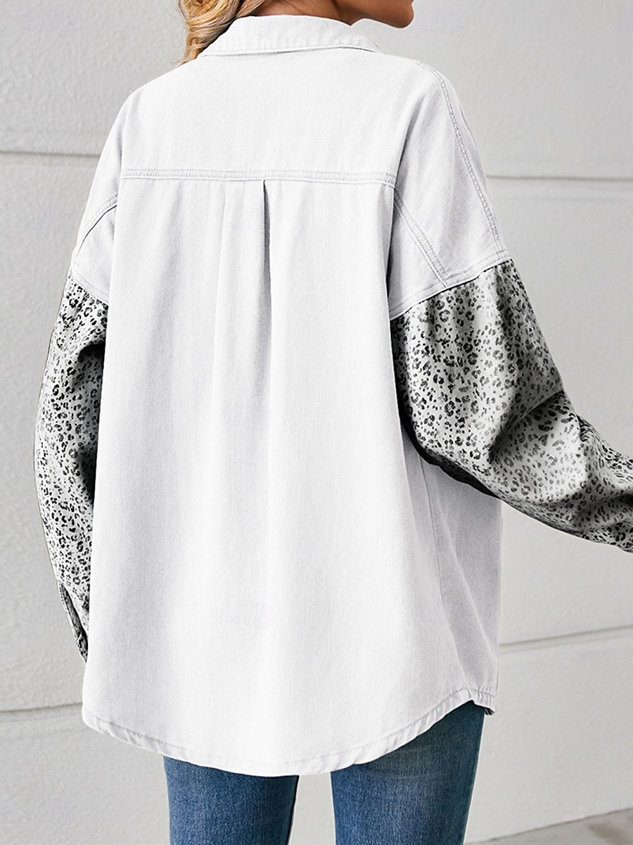 Per donna Giacca di jeans Esterno Strada Da tutti i giorni Autunno Inverno Standard Cappotto Standard Traspirante Moda Informale Giacca Manica lunga Leopardo Con tasche Stampa Nero Bianco Blu del 2025 a $36.99 –P7