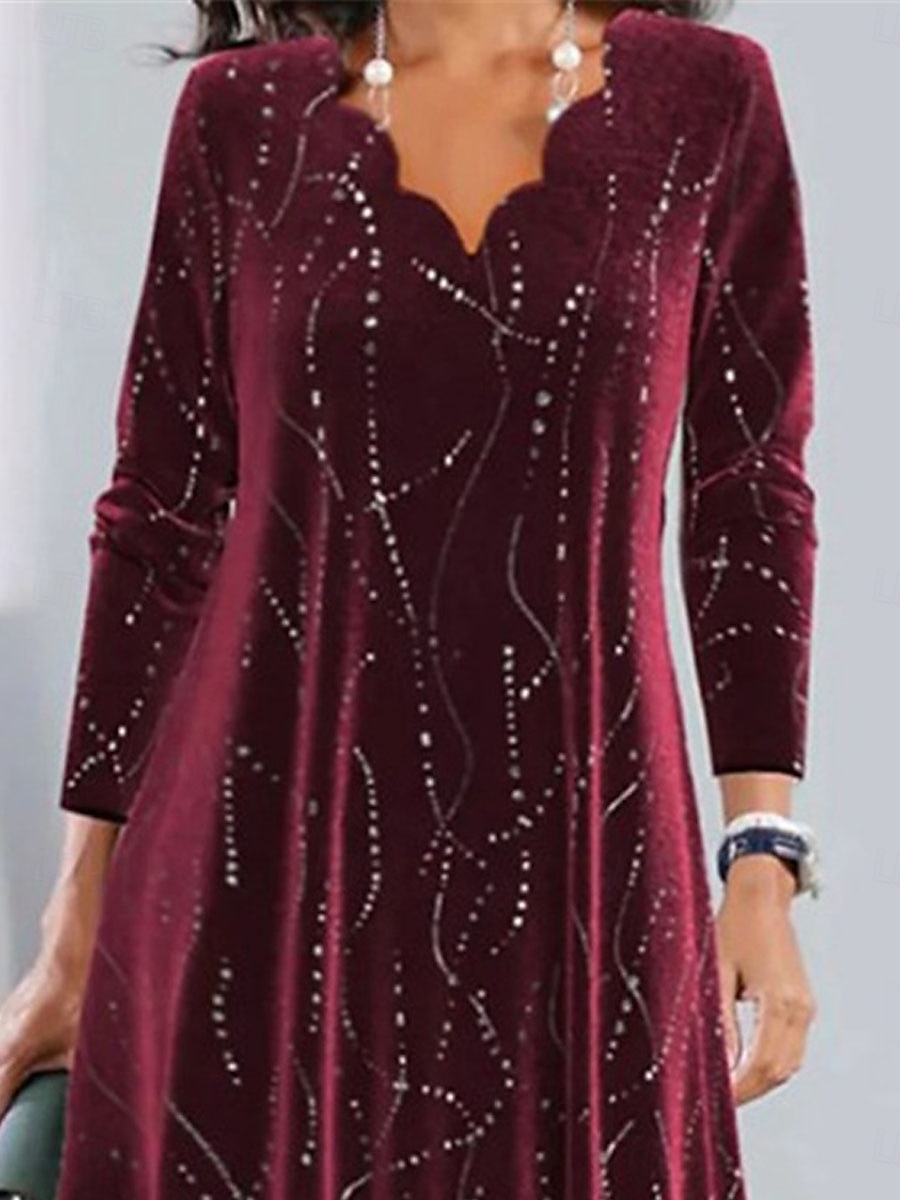 Damen Paillettenkleid Midikleid Pailletten Brautkleider schlicht Gezackter Hals Langarm Wein Farbe 2025 - $43.99 –P2