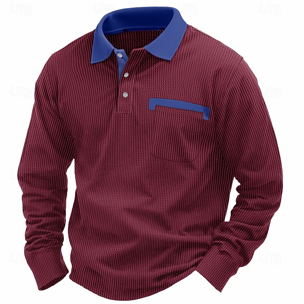 Homme Polos gaufrés Polos Formel Entreprise Revers Classique manche longue Mode basique Couleur unie Patchwork Boutons Printemps & Automne Standard Noir Blanche Rouge Bordeaux bleu marine Bleu Roi de 2025 ? $20.99 –P6