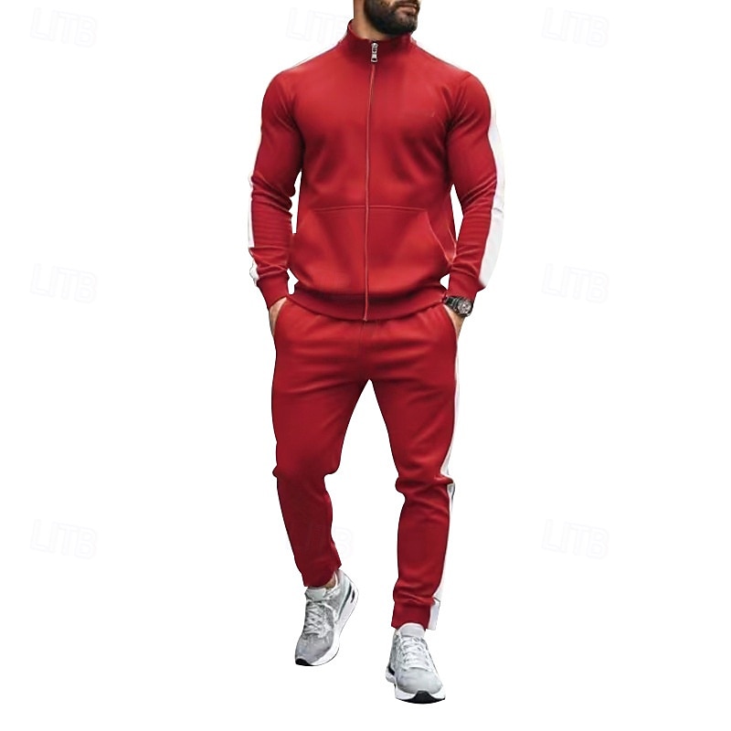 2025年 男性用 トラックスーツ ジョギングスーツ 2個 カジュアル 秋 長袖 高通気性 ソフト フィットネス ジムトレーニング ランニング スポーツウェア アクティブウェア カラーブロック ブラック イエロー アーミーグリーン  コレクション – $40.99 –P2