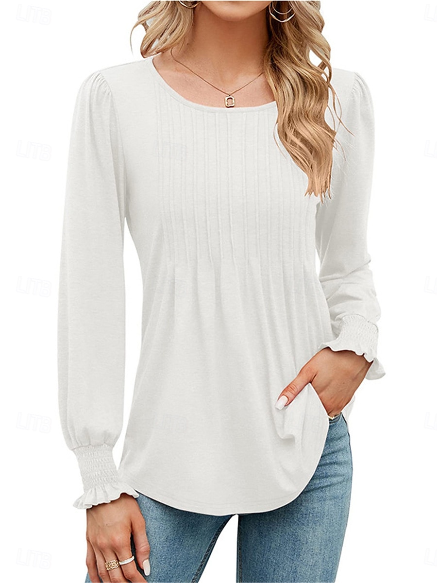 Women's Shirt Blouse Solid Color Basic Casual Long Sleeve Crew Neck Regular Tops Daily Black White Pink Green Fall Winter 2025 - $34.99 –P6
