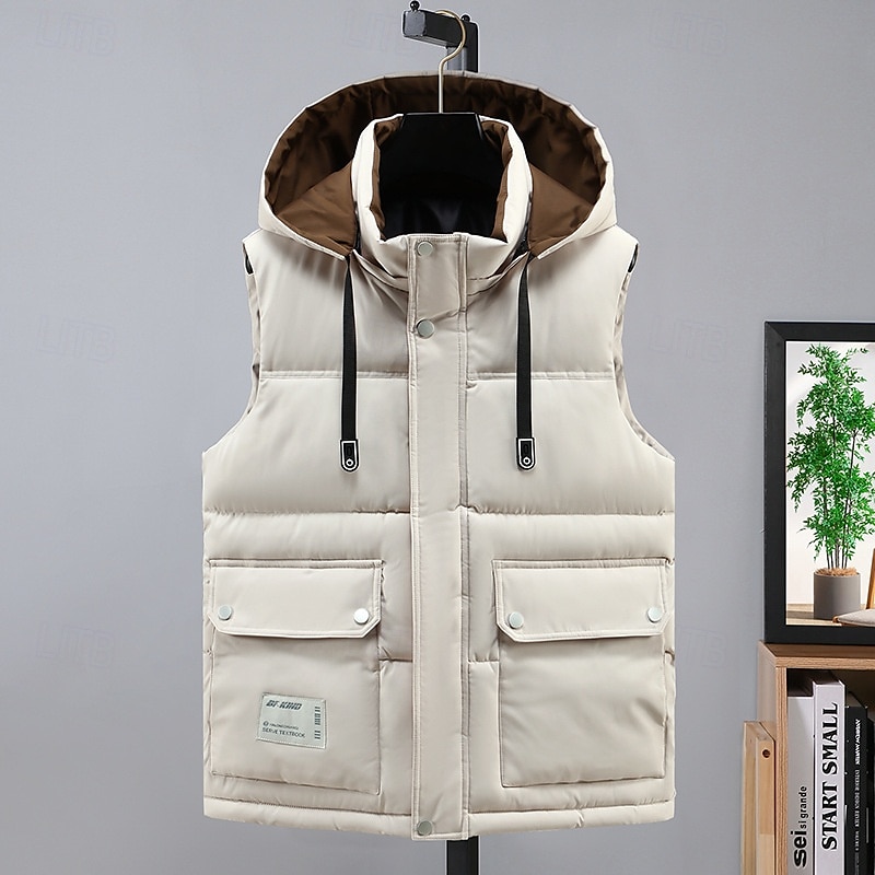 Men's Puffer Vest Hoodie Vest Quilted Vest Daily Wear Vacation Going out Fashion Basic Spring & Fall Zipper Multi Pocket Polyester Comfortable Plain Hidden Stand Collar Regular Fit Black White Brown 2025 - $44.99 –P6