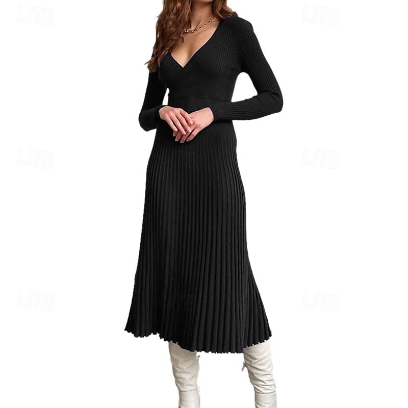 Női Pulóverruha Elegáns Divat Napi Tömör szín Csíkos V-alakú Pliszé Kötött Hosszú ujj Hosszú felsők Kötött Előírásos Munka Fehér / Fekete Khakizöld Ősz Tél 2025 - $75.99 –P7