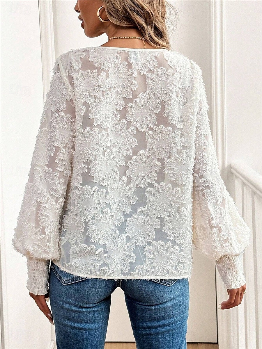 Damen Hemd Bluse Feste Farbe Basic Brautkleider schlicht Langarm Laternenärmel V Ausschnitt Normale Oberteile Täglich Spitze Bestickt Weiß Herbst Winter 2025 - $34.99 –P6