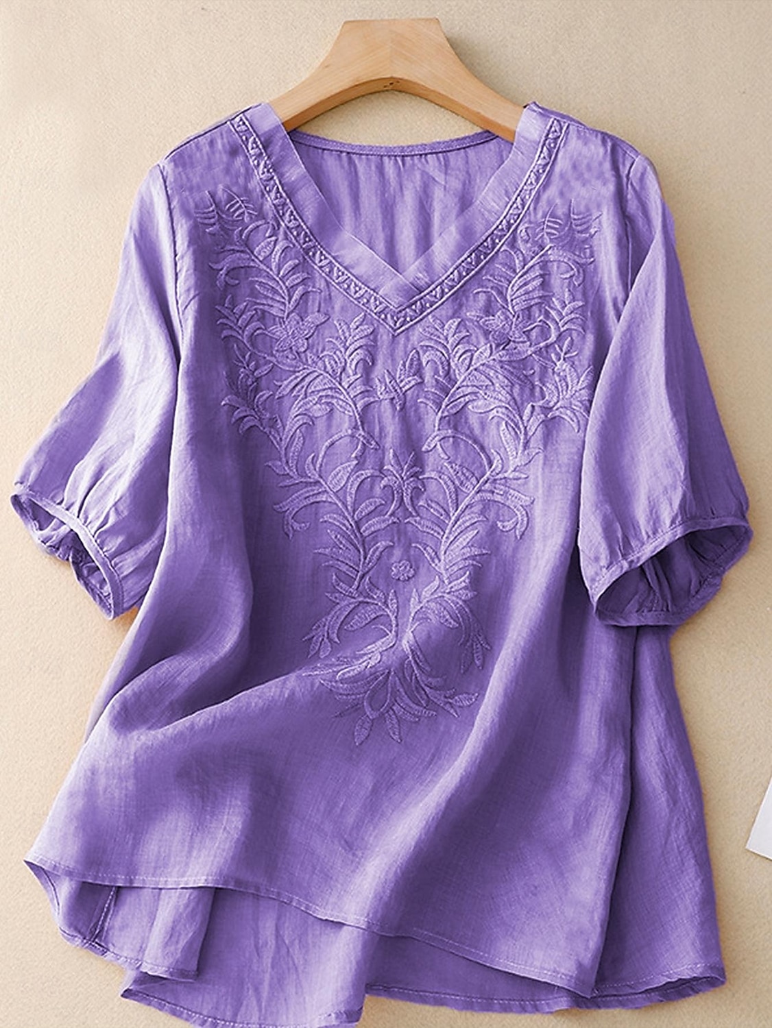 Per donna Camicia Camicie ispirate al lino Tinta unica Floreale Casual Boho Manica 3/4 Manica al gomito Scollo a V Top Regolari Vacanza Feste Quotidiano Ricamato Viola Autunno Primavera & Estate del 2025 a $32.99 –P1