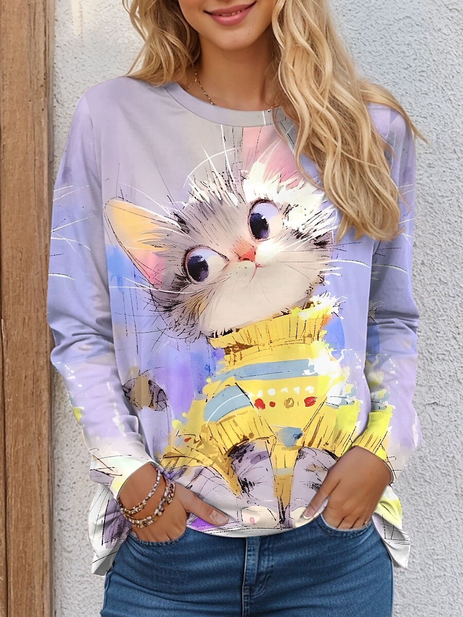 Dam T-shirt Katt Ledigt Långärmad Rund hals Vanliga toppar Dagligen Mönster Purpur Vår Höst 2025 - $22.99 –P1